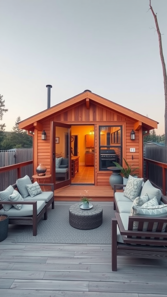 A small modern cabin with a cozy outdoor seating area.