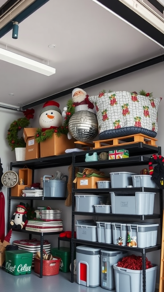 Organized garage with overhead storage racks holding seasonal items like Christmas decorations.