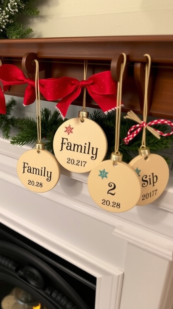 A collection of personalized family ornaments hanging on a mantel