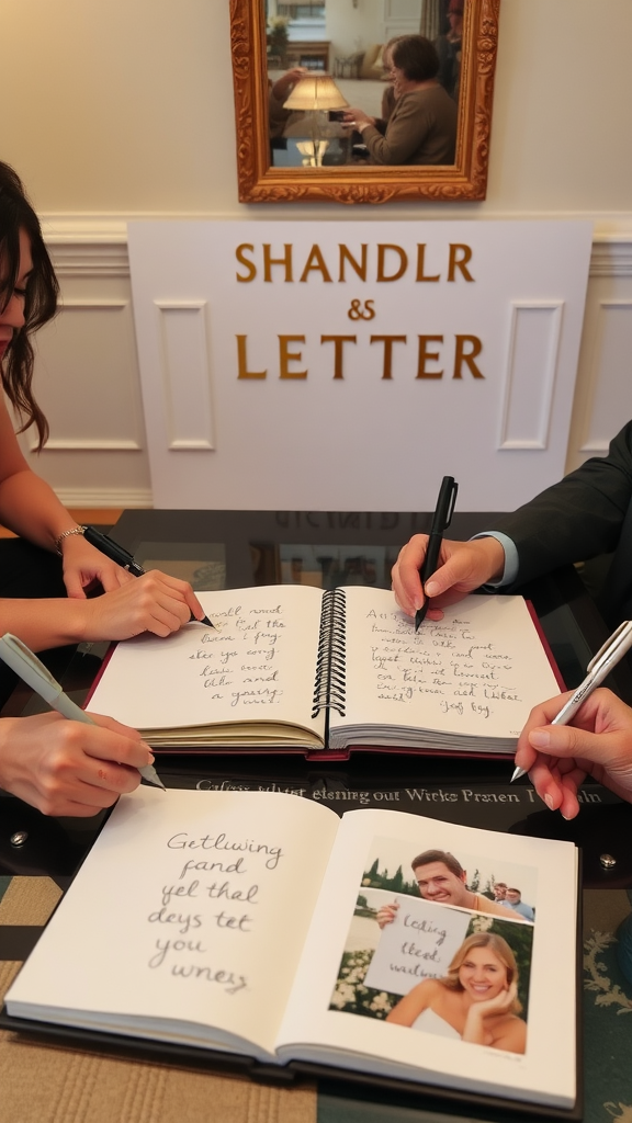 People writing in a personalized guest book at a housewarming party