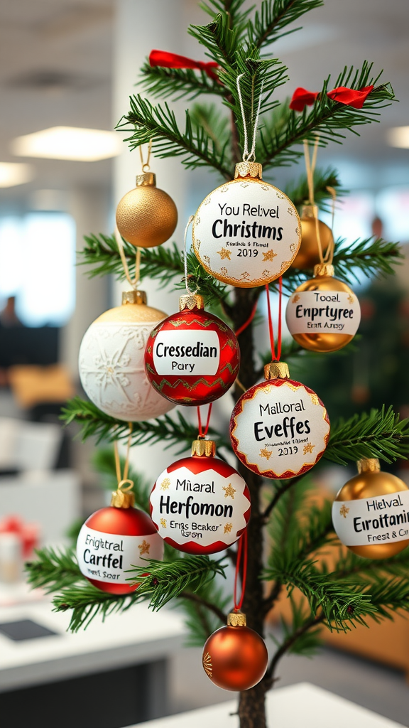 Colorful personalized ornaments hanging on a small Christmas tree.