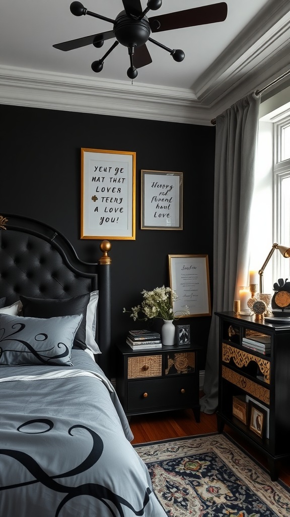 A cozy black and gold bedroom with personal touches.