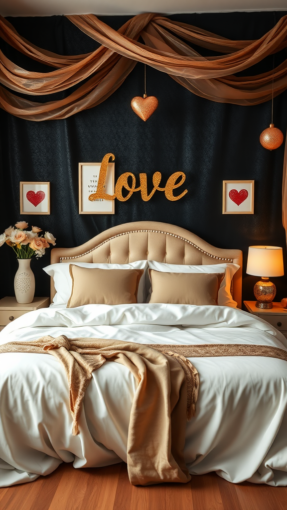 A romantic black and gold bedroom featuring decorative elements like a 'Love' sign, heart-shaped ornaments, and soft lighting.