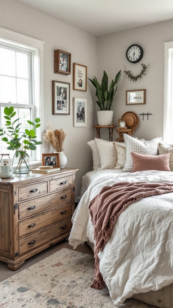 A cozy farmhouse bedroom featuring a wooden dresser, white bedding, and wall decor.