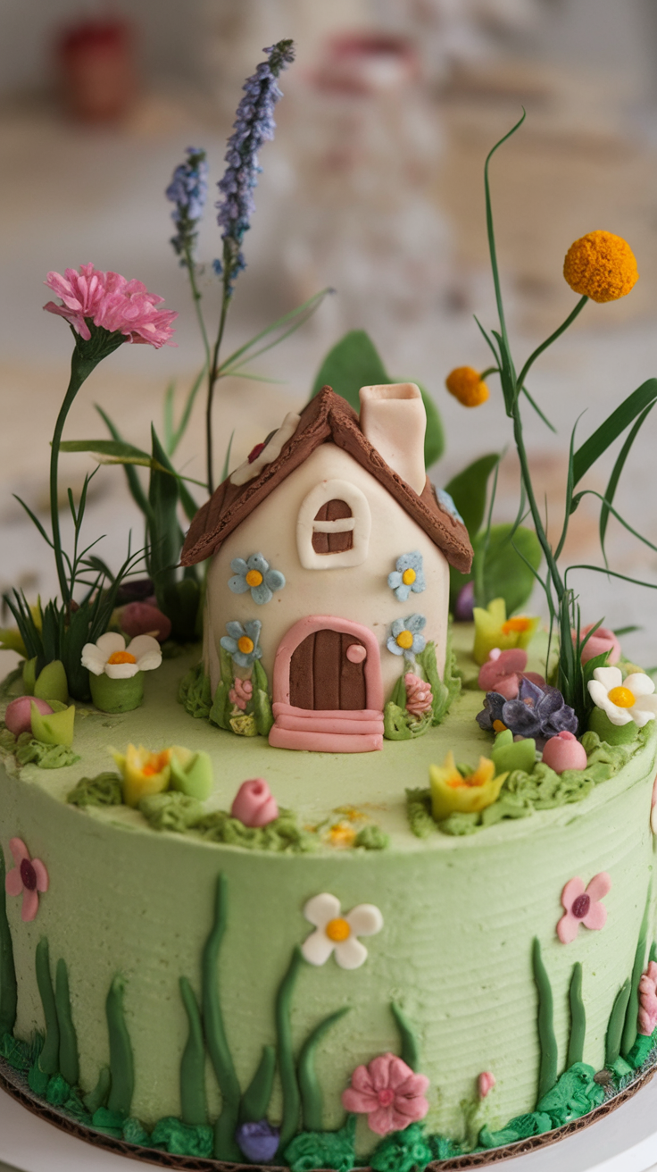 A beautifully decorated cake featuring a small house and colorful flowers