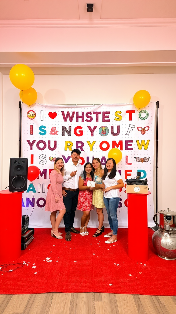 A group of friends enjoying a photo booth at a housewarming party.