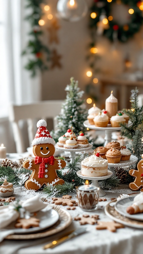 A beautifully decorated Christmas table with gingerbread cookies, cupcakes, and festive greenery.