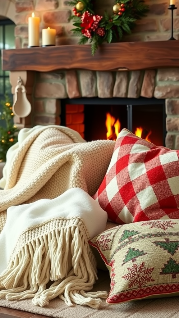 Cozy blankets and cushions near a fireplace during the holiday season.