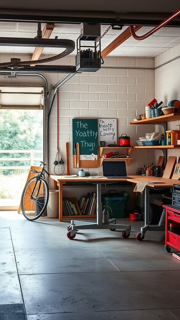 A small garage workshop with portable workstations and organized shelves.