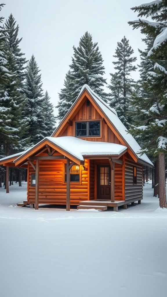 A charming A-frame cabin surrounded by snowy trees.