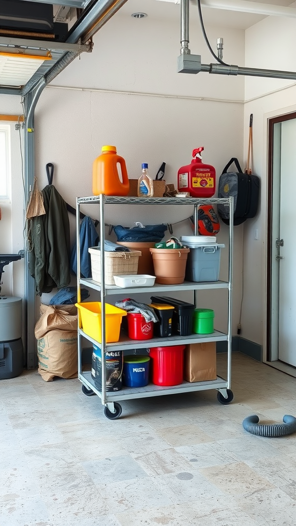 A rolling storage cart in a garage filled with various containers and items for organization.