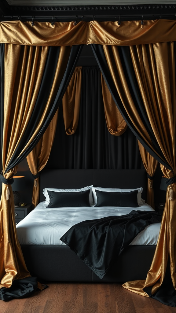 A black and gold canopy bed set up with draped curtains, featuring a stylish bedding arrangement.