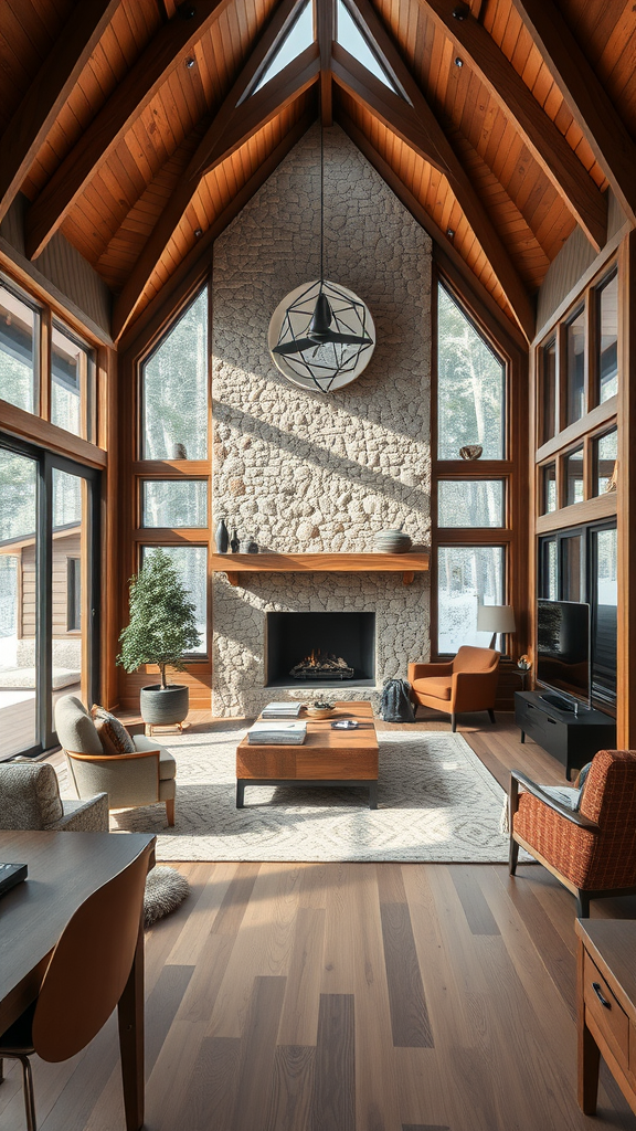 Modern cabin interior with rustic accents, featuring a stone fireplace and large windows