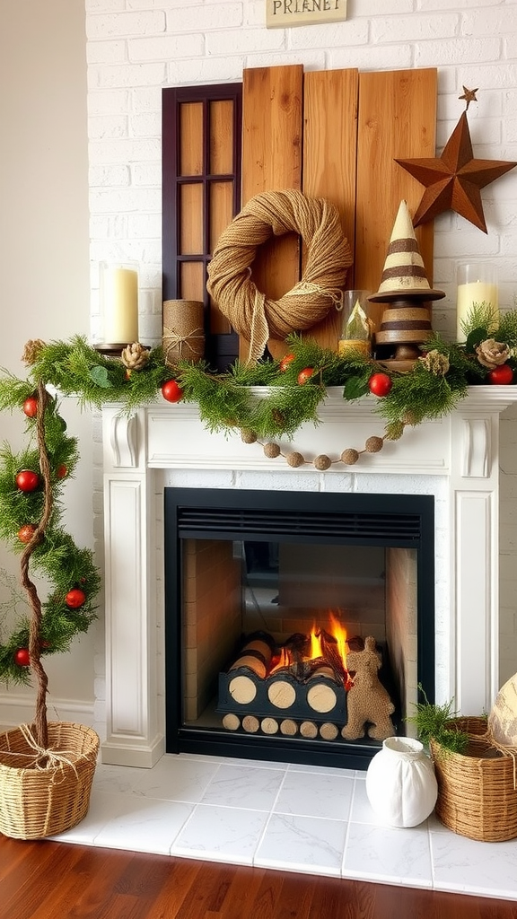 A cozy fireplace decorated with rustic wood and burlap accents, featuring greenery and festive touches.