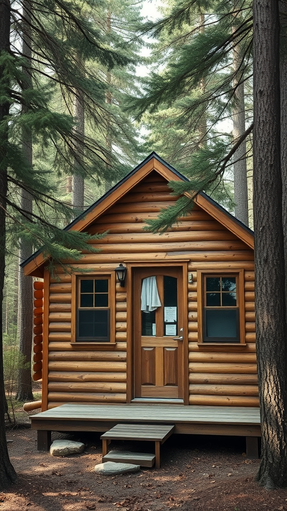 Exterior of a tiny cabin with rustic wood siding surrounded by trees.