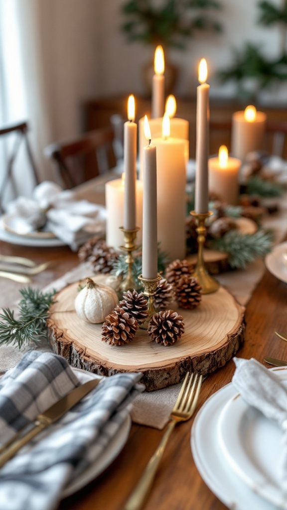 A rustic wood slice centerpiece with candles, pinecones, and greenery on a dining table.