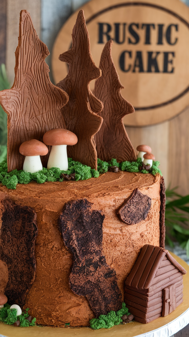 A beautifully crafted rustic woodland cake featuring chocolate textures, tree and mushroom decorations, and a small cabin design.