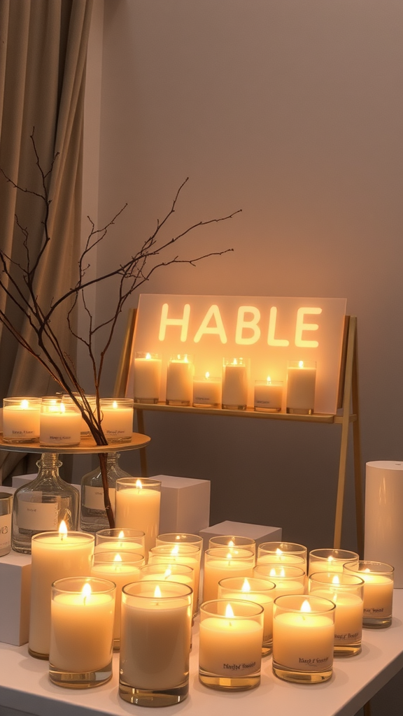 A display of various lit scented candles arranged on a table with a glowing sign.