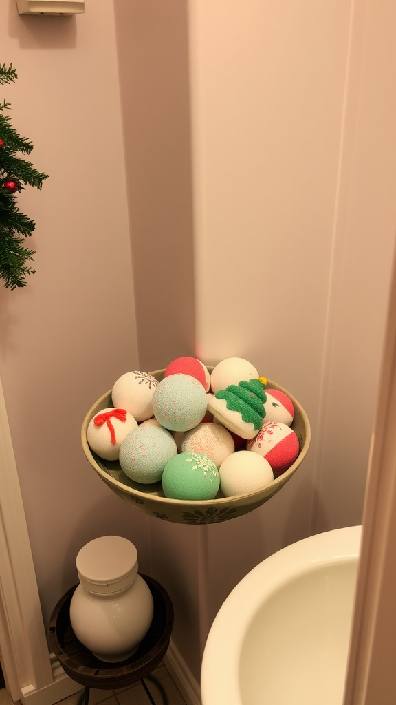 A bowl of colorful seasonal bath bombs displayed in a bathroom setting.