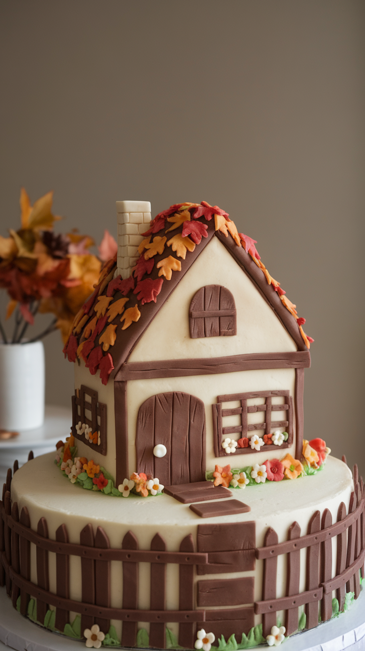 A beautifully designed cake shaped like a house with autumn leaves on the roof and floral decorations