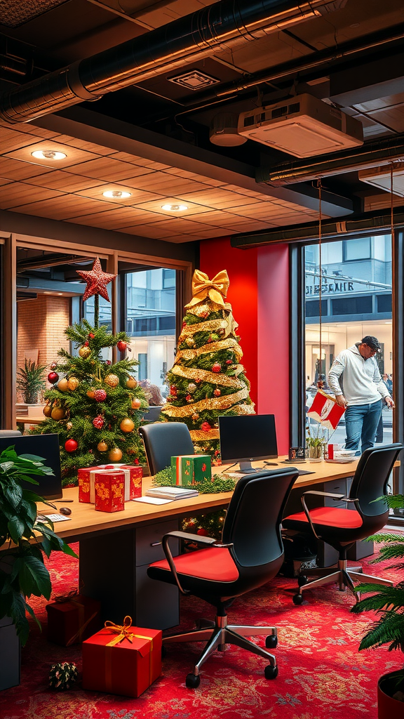 A festive office decorated for the holiday season with Christmas trees, presents, and red accents.