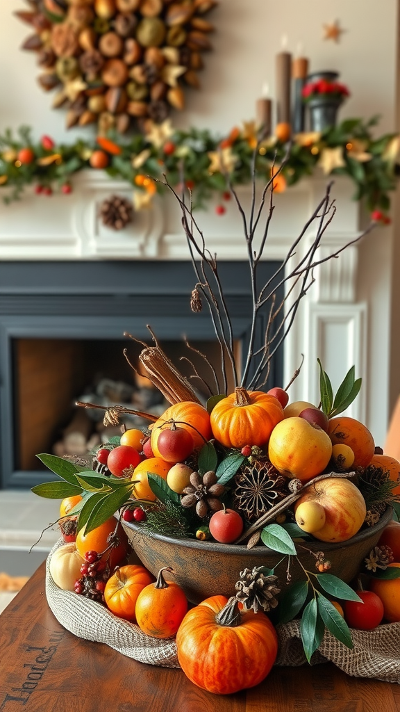 A beautifully arranged display of seasonal fruits and spices in a bowl, set against a cozy fireplace.