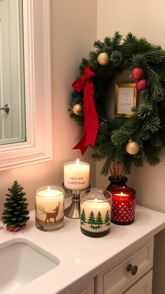 An arrangement of seasonal scented candles on a bathroom countertop with a festive wreath.