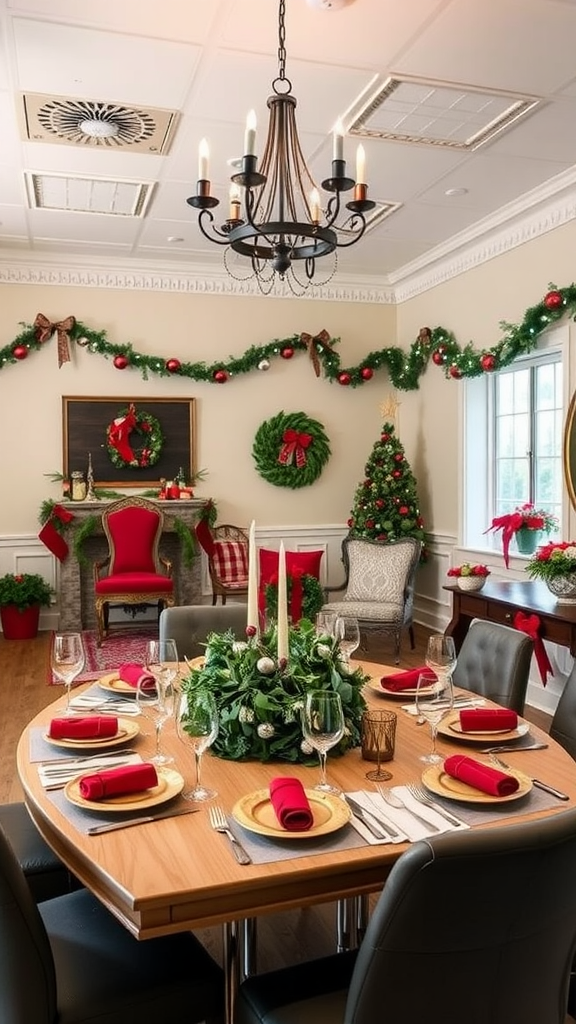 A beautifully decorated break room for the holidays with a dining table, Christmas tree, and festive ornaments.