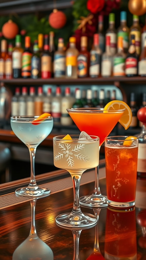 A selection of colorful seasonal cocktails displayed on a bar.