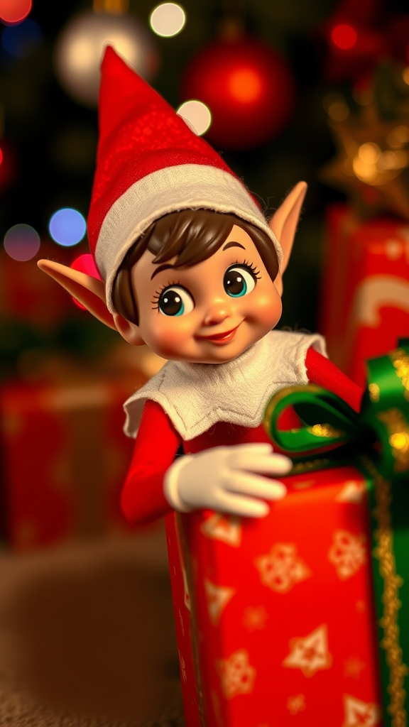 A cheerful elf holding a beautifully wrapped gift, surrounded by festive decorations.