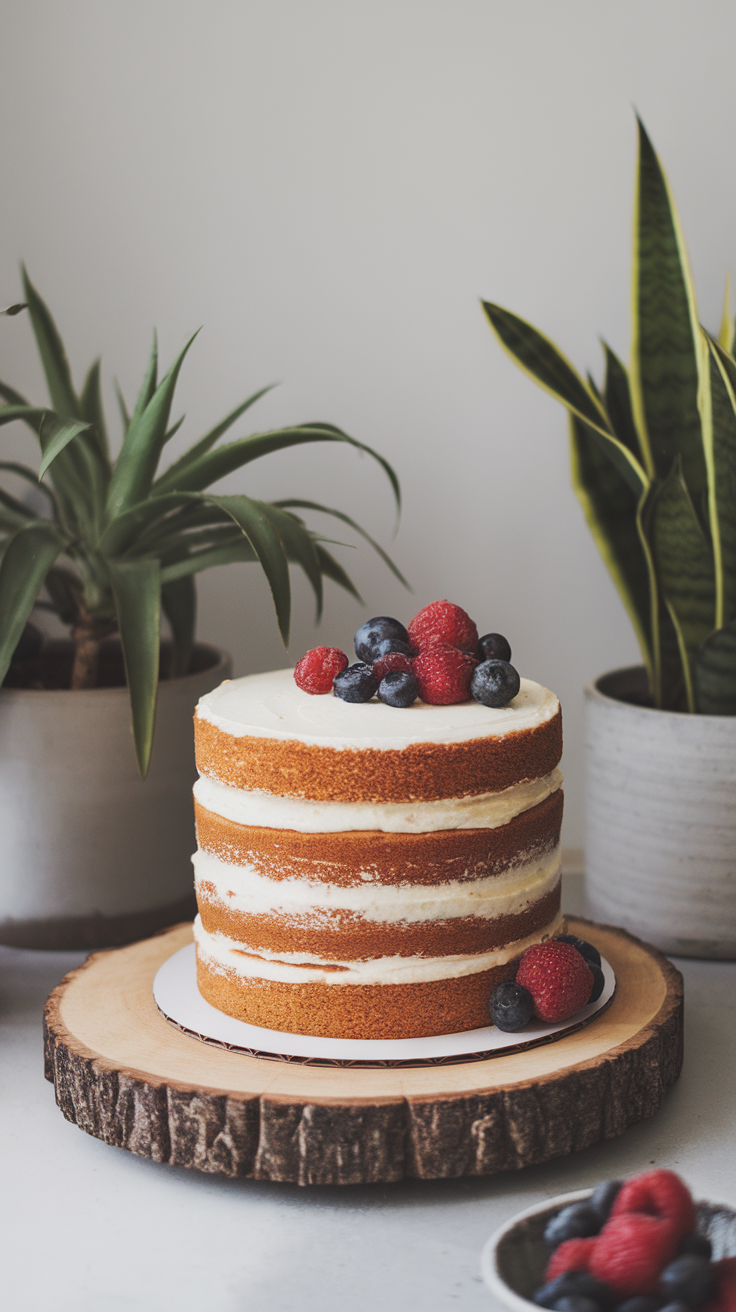 A sleek urban loft cake with layers, topped with fresh berries, set on a wooden board surrounded by plants.