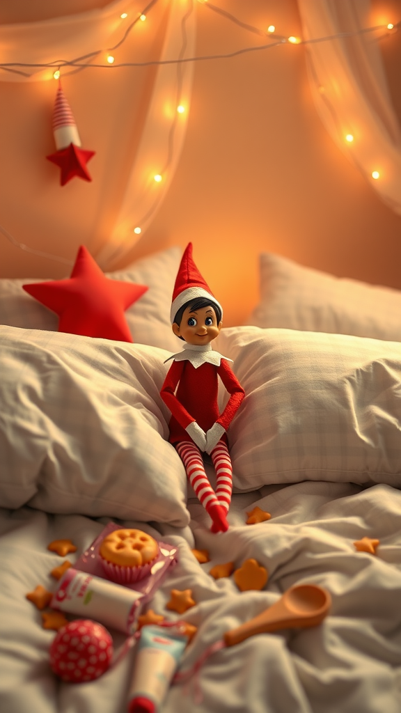 A playful elf doll sitting on a bed surrounded by snacks and cozy decorations.