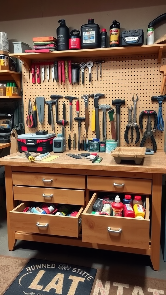 A well-organized workbench with sliding drawers filled with various tools and supplies.