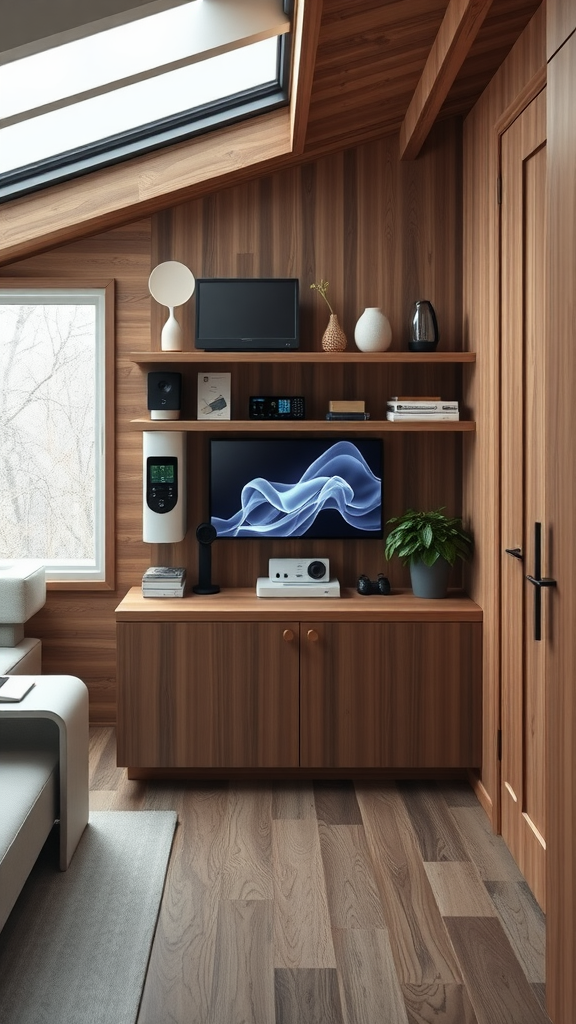 A modern cabin interior showcasing smart home technology with a sleek design.