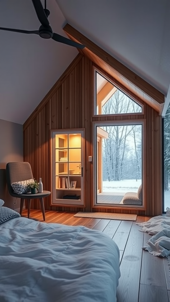 Cozy interior of a modern small cabin with wooden walls, large windows, and a warm atmosphere.