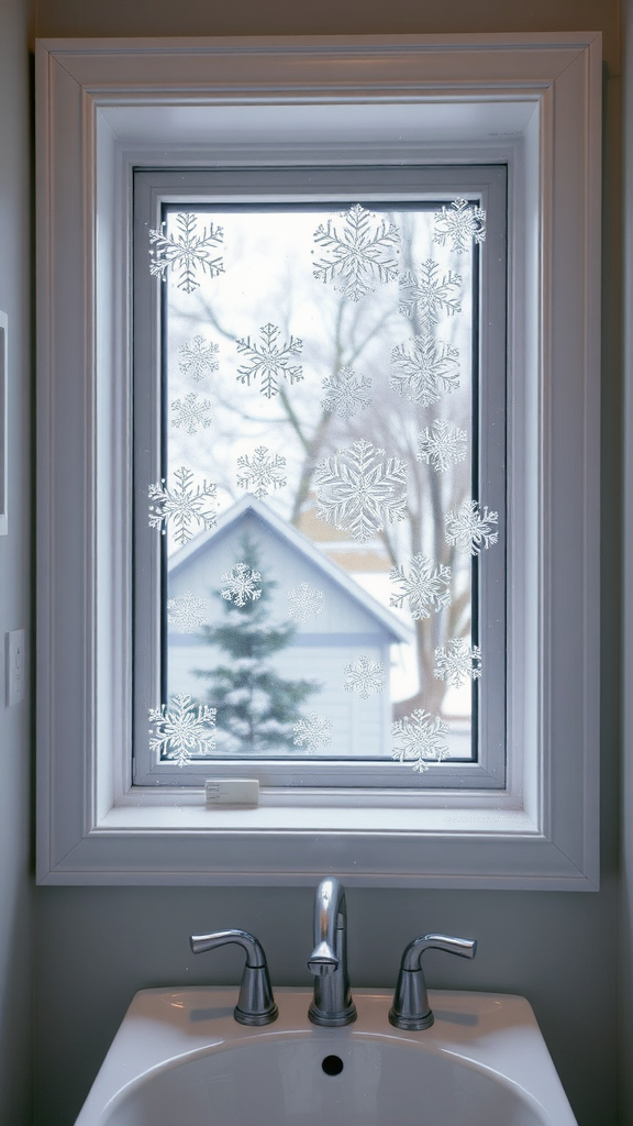 A window decorated with snowflake clings, showing a snowy landscape outside.