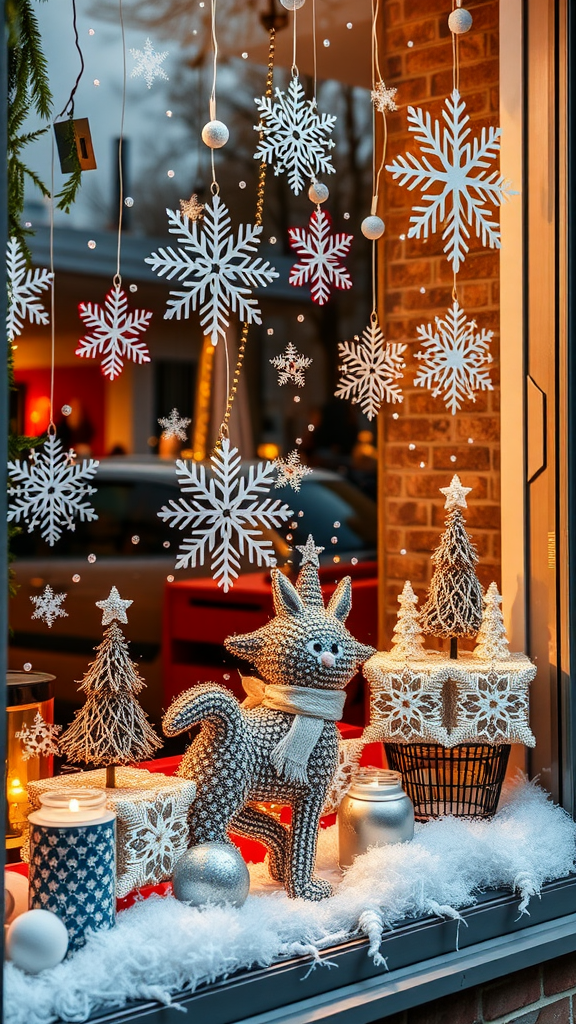 A cozy winter window display featuring snowflakes, a decorative dog, and festive candles.