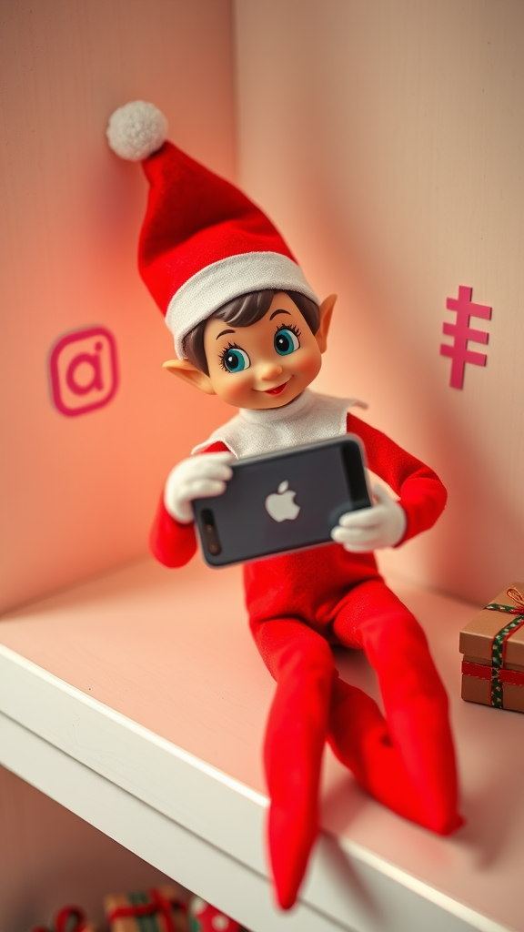 A cheerful elf in a red outfit and hat sitting on a shelf, using a smartphone.