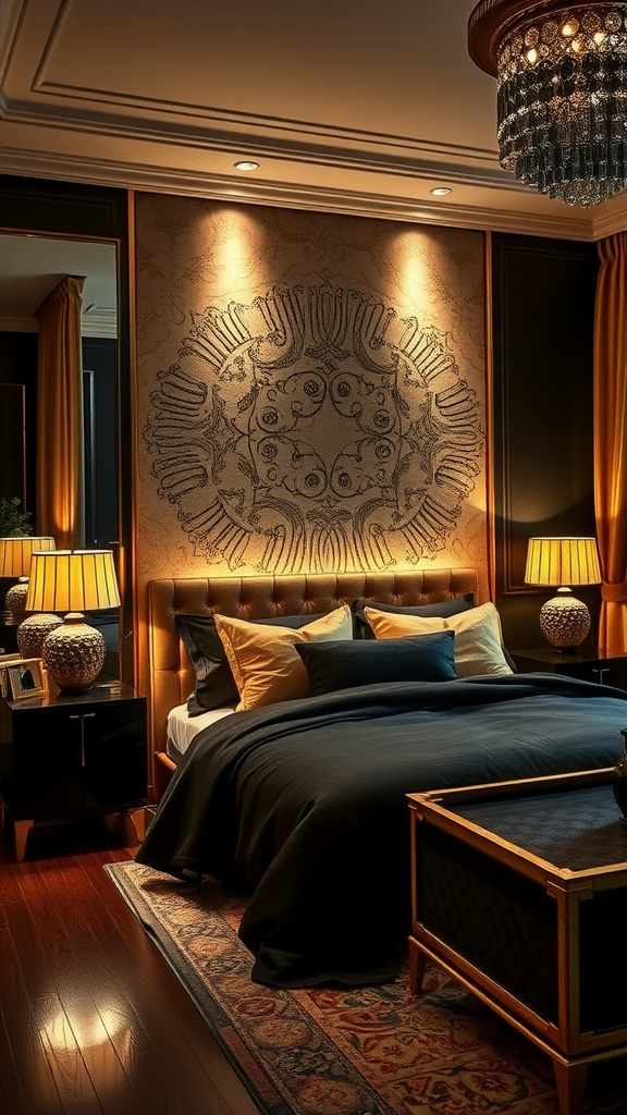 Romantic black and gold bedroom with soft ambient lighting