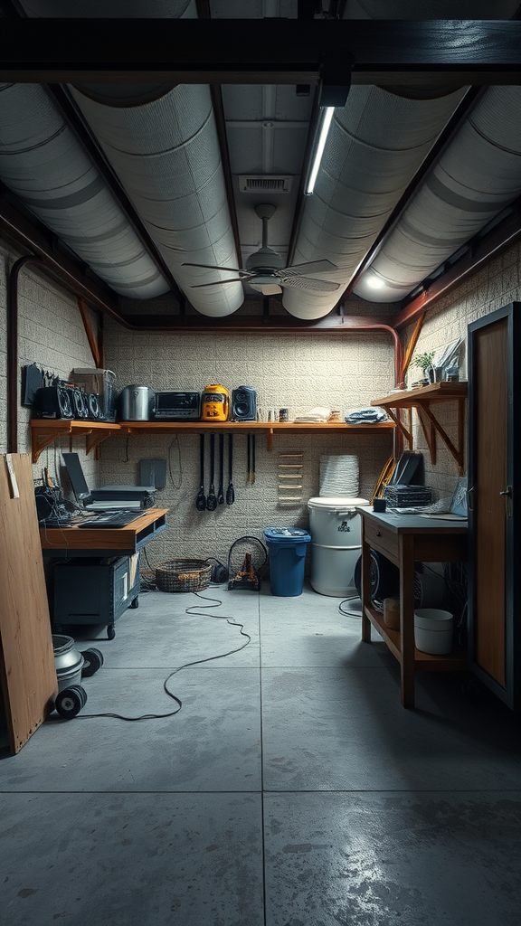 A compact garage workshop layout with shelves and tools, showcasing potential sound insulation techniques.