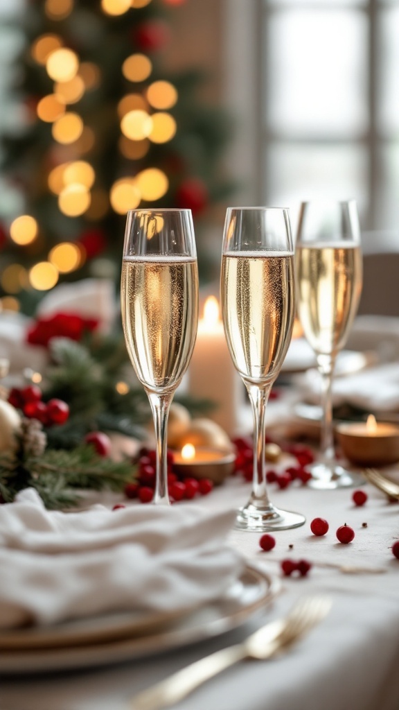 Champagne glasses on a beautifully set Christmas table with decorations.