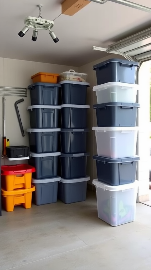 A well-organized garage with stackable storage containers in various colors.