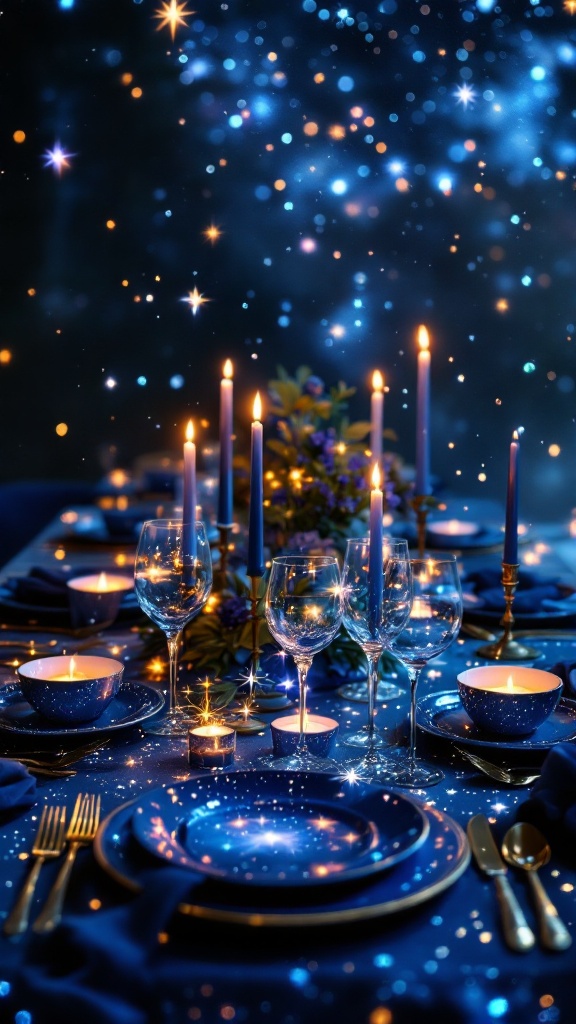 A beautifully set table decorated with twinkling lights and candles, resembling a starry night sky.