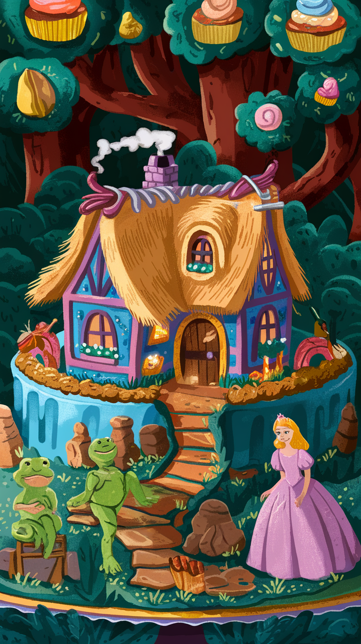 A colorful storybook house cake surrounded by playful characters in a whimsical forest setting.