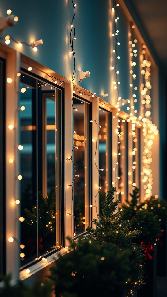 A cozy scene featuring string lights illuminating windows and surrounding greenery.