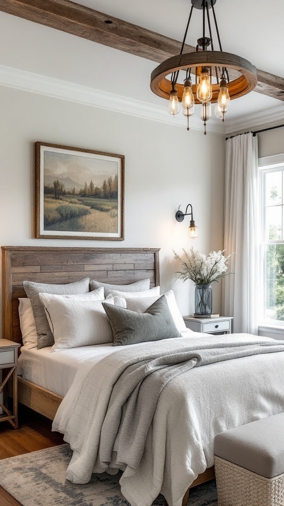 A stylish farmhouse bedroom featuring a unique chandelier and cozy decor.