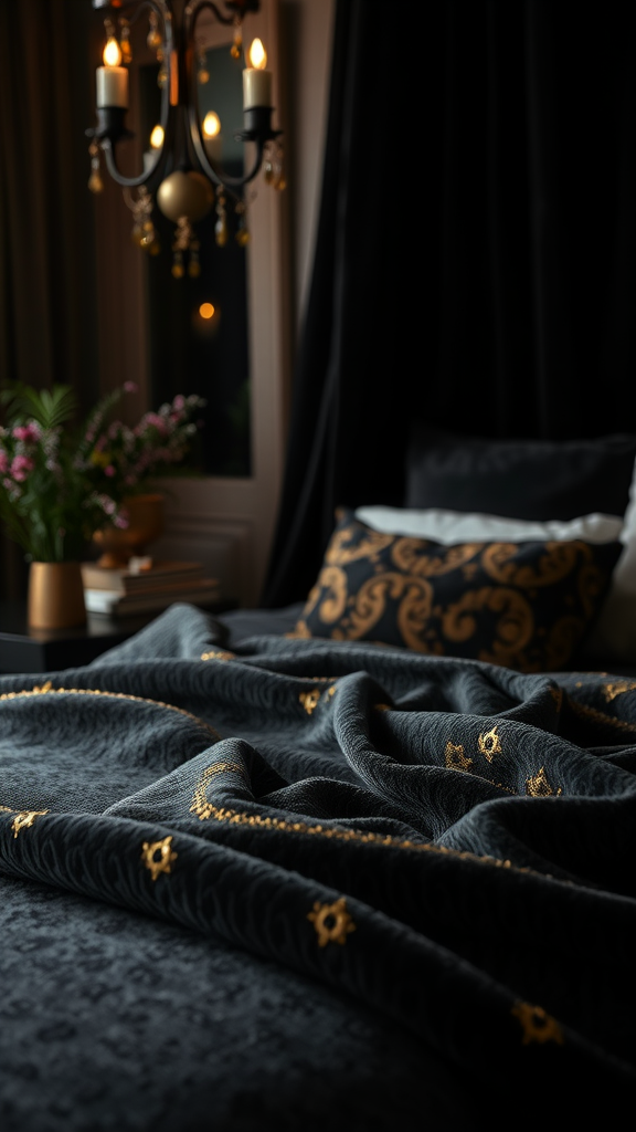 A cozy black and gold bedroom featuring textured fabrics and warm lighting.