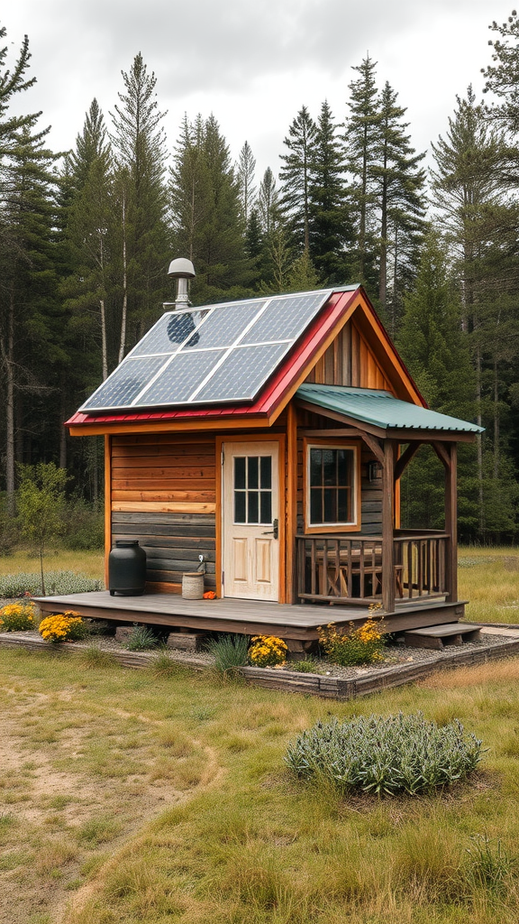 A small eco-friendly cabin with solar panels and a charming wooden exterior.