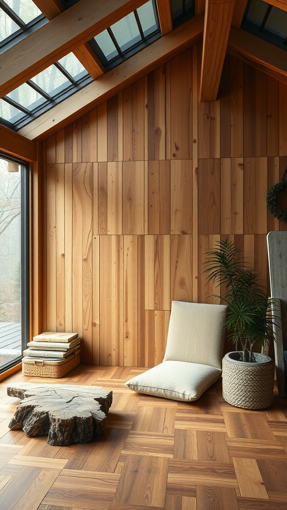 Interior of a modern cabin featuring wooden walls, a cozy seating area, and natural decor.