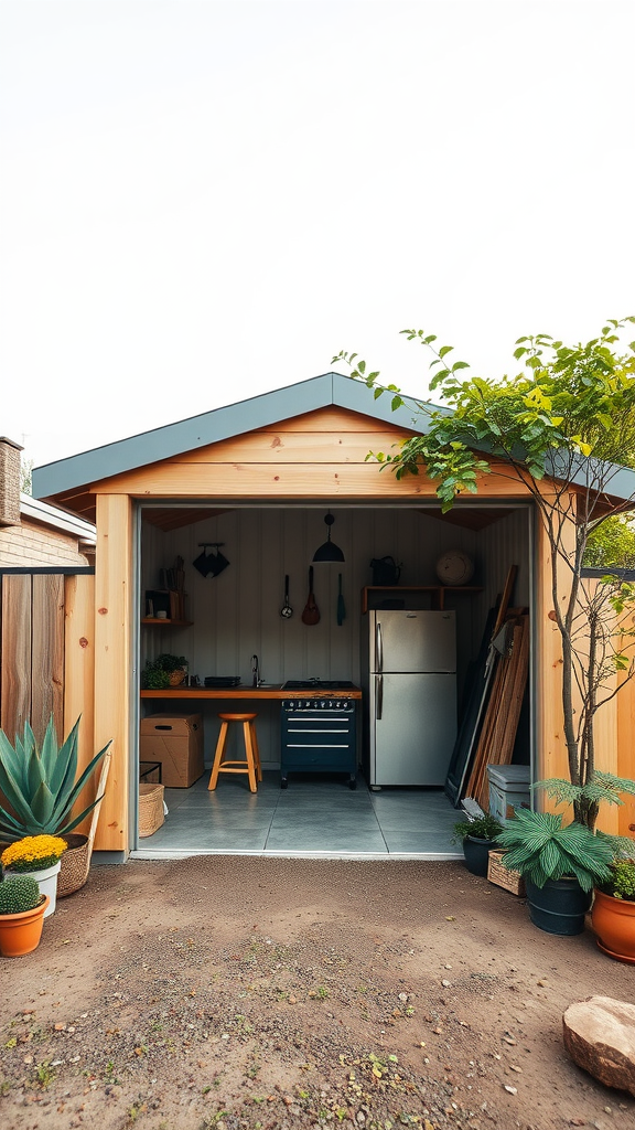 A tiny garage workshop with wooden structure and plants outside.